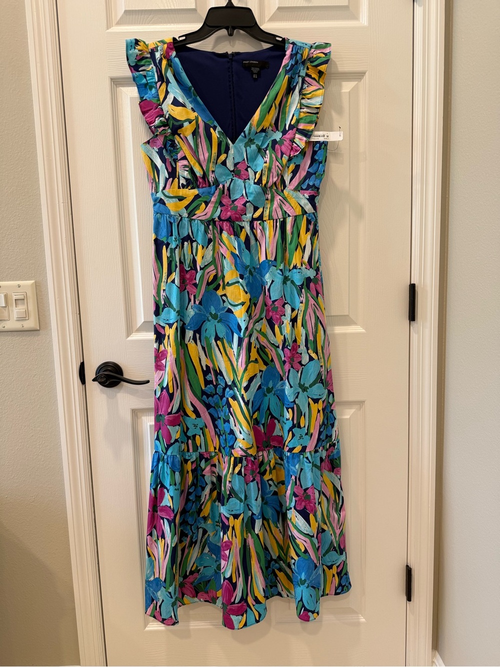 Floral Ruffle V-Neck Maxi Dress Size M Navy/Aqua - Picture 5 of 14